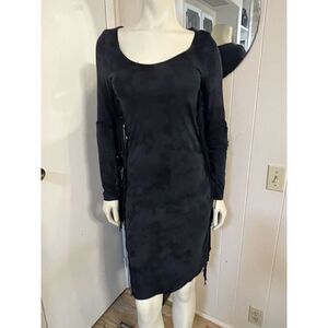 T-Party Small Bodycon Party Dress Black Blue Tie Dyed Fringe Long Sleeve NWT